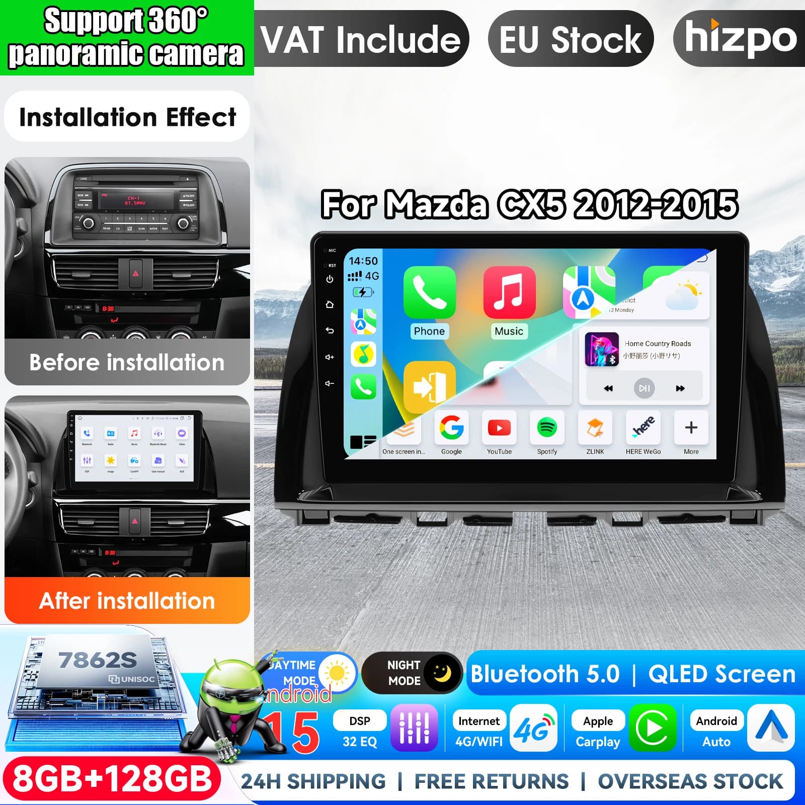 Hizpo 7862 Android 14 Car multimedia Player For Mazda CX5 CX-5 2012-2015 10.1" Video Autoradio GPS Navigation Stereo 2din Head Unit BT Intelligent Systems Monitor Pro AI Voice Split Touch Screen SWC ADAS 360 Camera FM AM RDS Bluetooth WIFI USB DAB DVR DSP