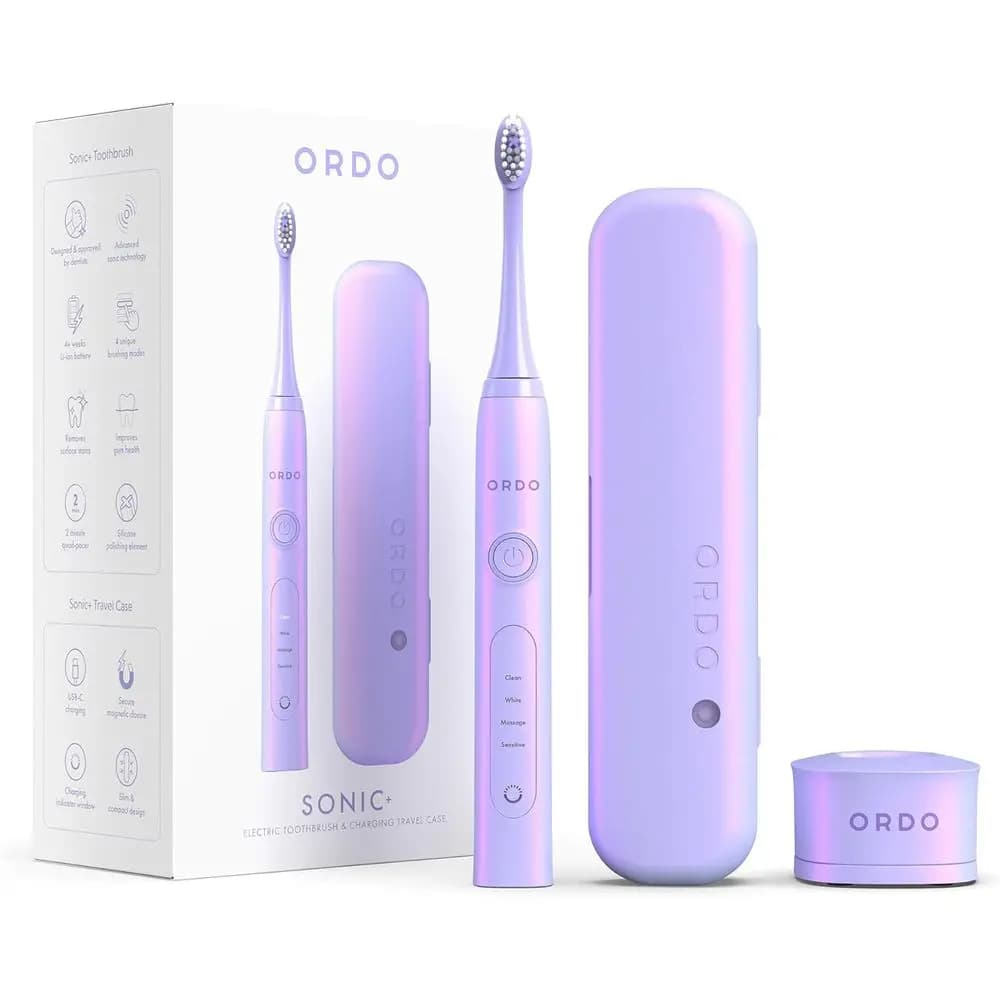 Spazzolino elettrico per adulti con custodia da viaggio, 4 testine, ricaricabile, lucidatura in silicone, ricarica USB, viola perla