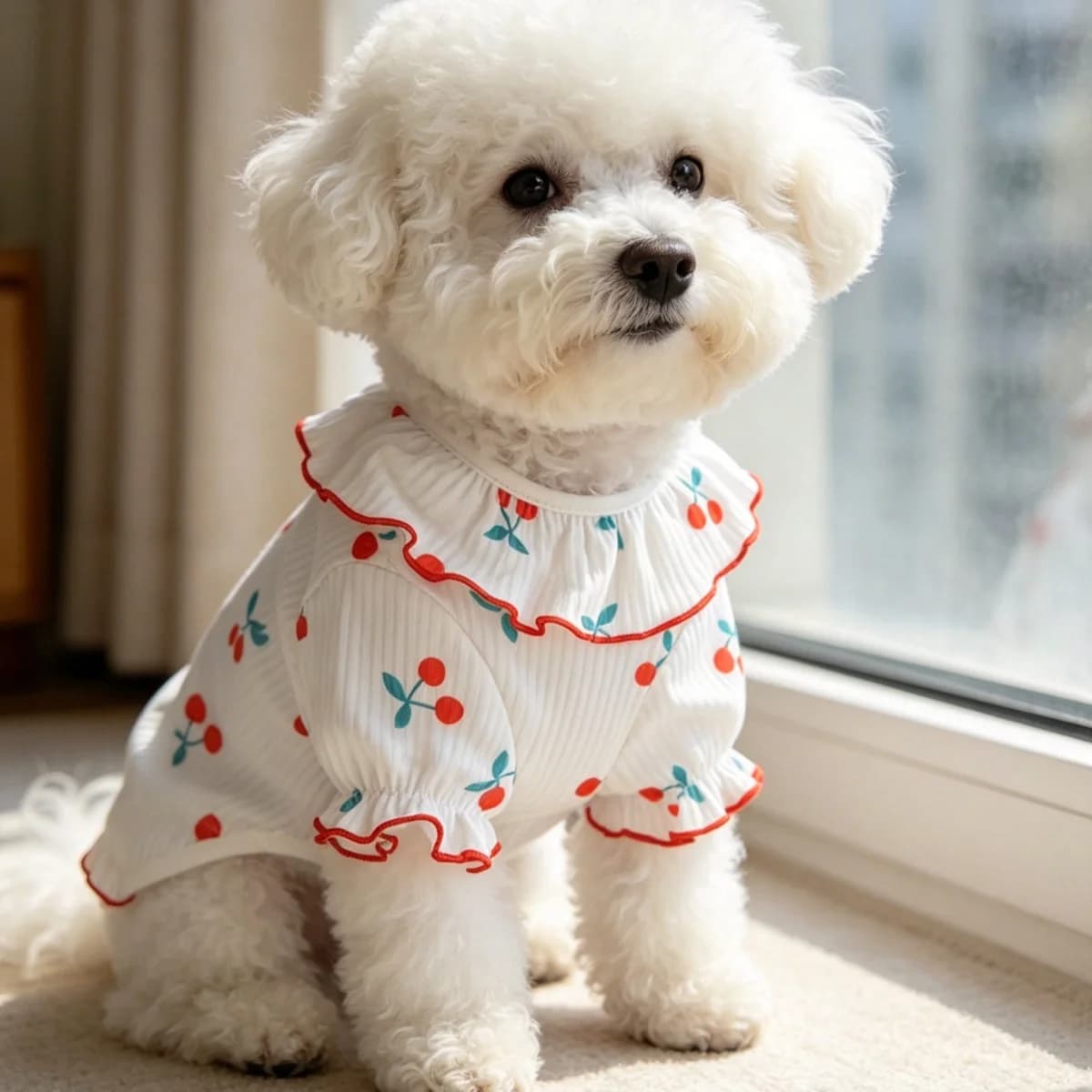 Maglietta per Cani con Colletto a Volant, Motivo Fragola, Manica Corta, Stile Principessa, Abbigliamento per Cani Piccoli e Medi