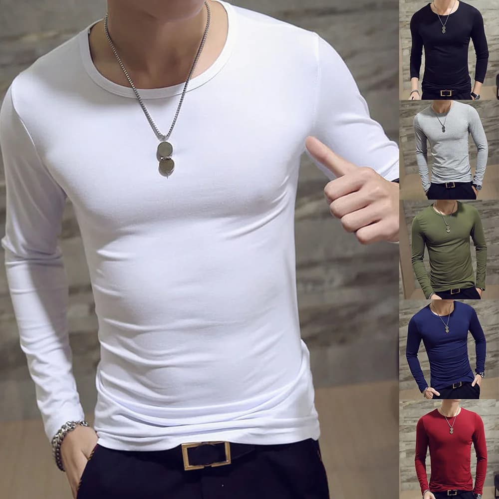 T-shirt da uomo casual slim fit a maniche lunghe o-collo uomo elastico leggero strato base maglietta maschile tinta unita top tees bianco
