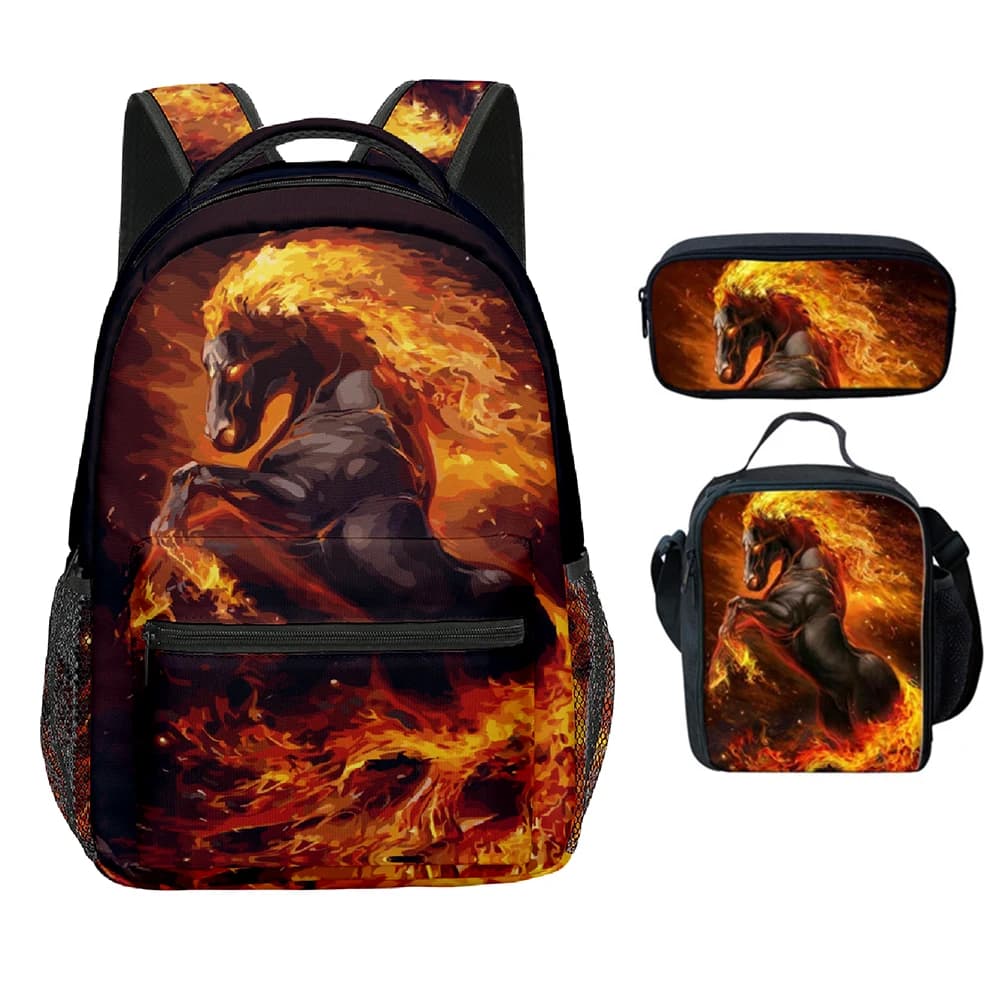 Set Creativo e Popolare di 3 Pezzi: Zaino Scolastico 3D a Forma di Cavallo Unicorno, Borsa da Viaggio, Astuccio e Borsa Termica per il Pranzo
