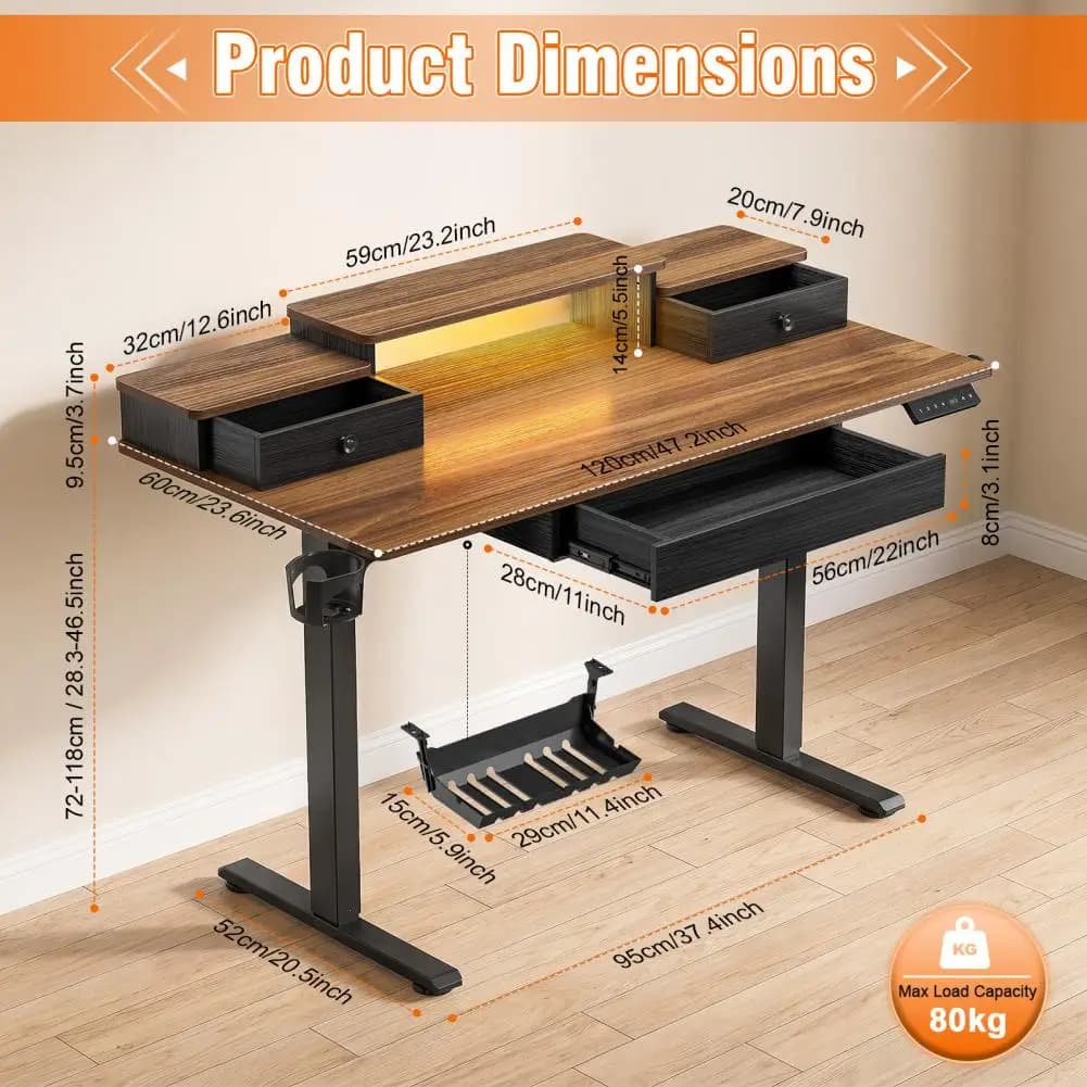Electric Lift Computer Desk, Standing Desk with Drawers, Home Gaming Desk with Monitor Stand, Power Outlets & LED Lights, Height