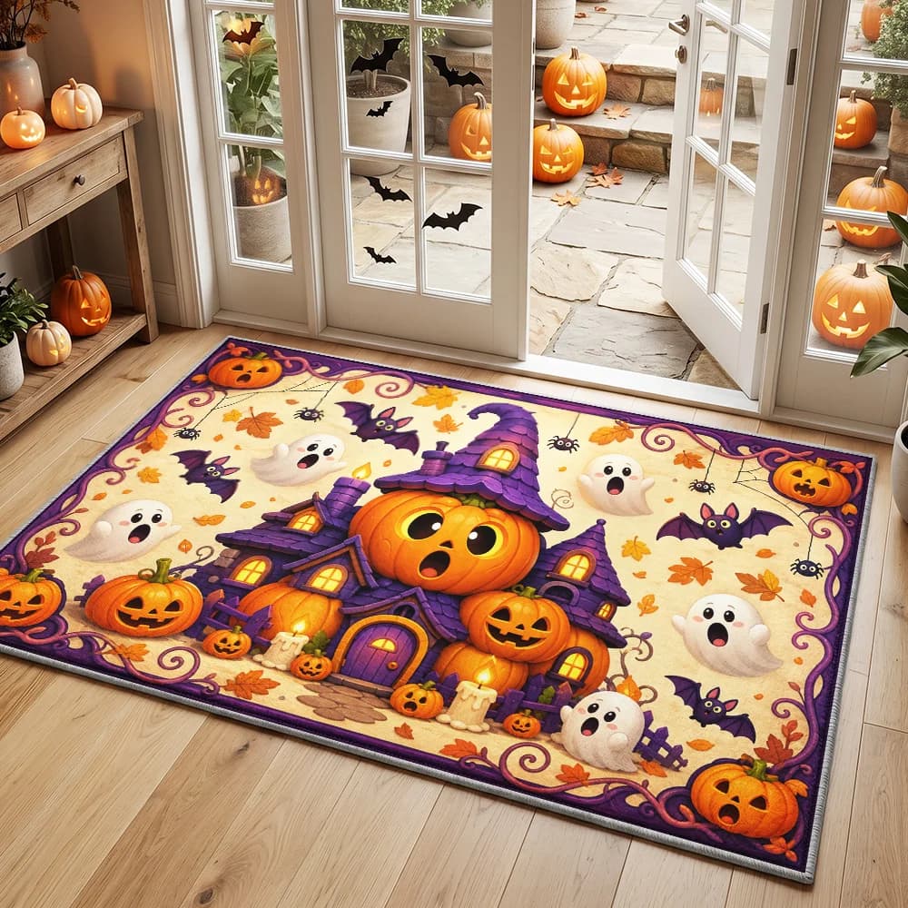 VIKAMA Halloween Witch Castle Entry Rug Pumpkin Ghost Bat Autumn Leaf Candle Spider Print Non Slip Floor Mat For Front Door