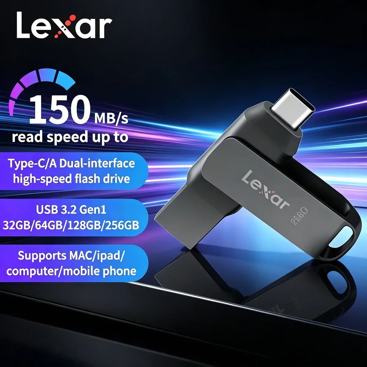 Lexar D400 USB 3.1 Type-C Dual Port Metal Flash Drive 32GB 64GB 128GB 256GB for Mobile Phone Computer 130MB/s