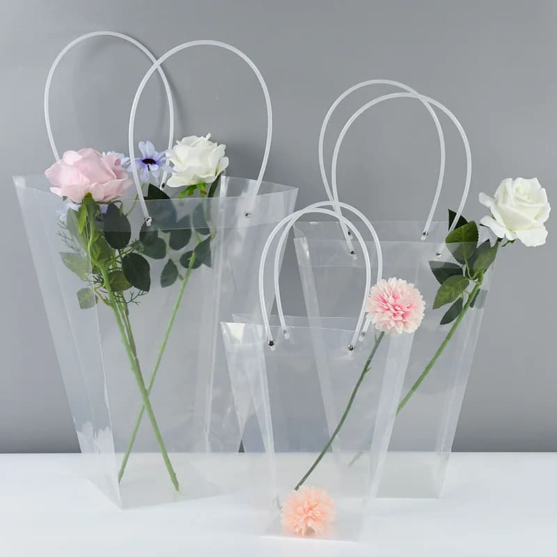 Scatola di fiori portatile trasparente trapezoidale borsa di imballaggio di fiori di rosa con manico regalo Contatiner borsa forniture Tote di stoccaggio
