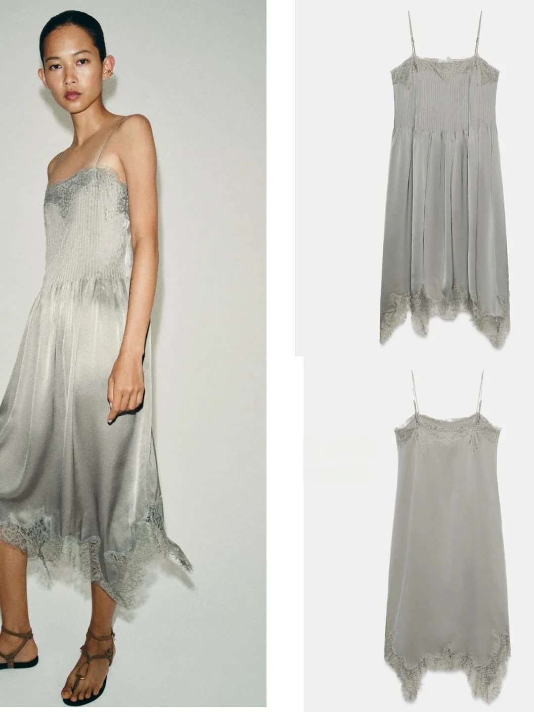 Summer 2026 Ins Style Lace Splice Strap Dress Women Asymmetrical Hem Satin Texture Skirt Casual Loose Fit Daily Wear