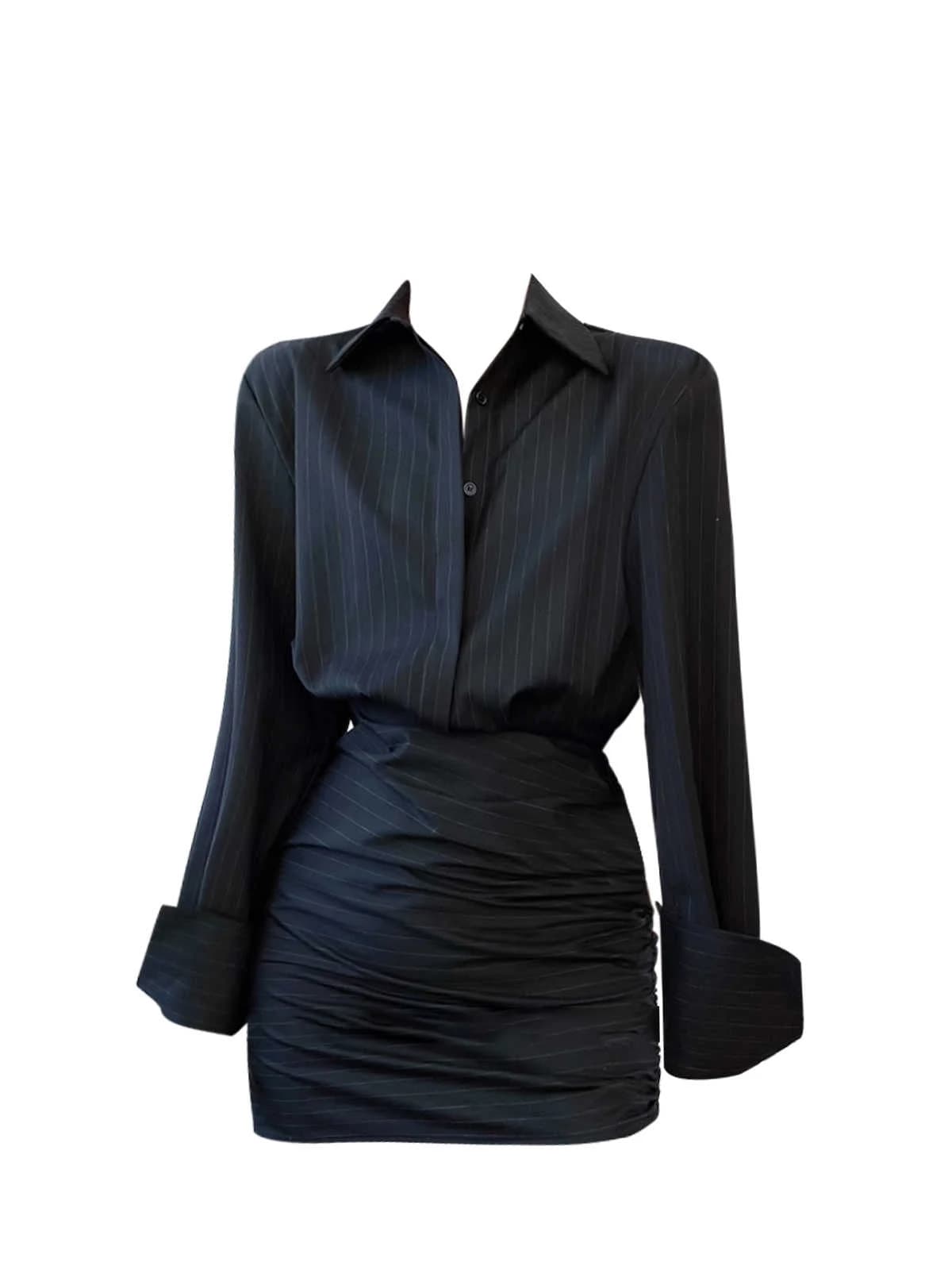 Elegant Collar Shirt Dress plus Size Women Spring New Style Pure Desire Sexy Striped Bodycon Short Skirt Casual Dress