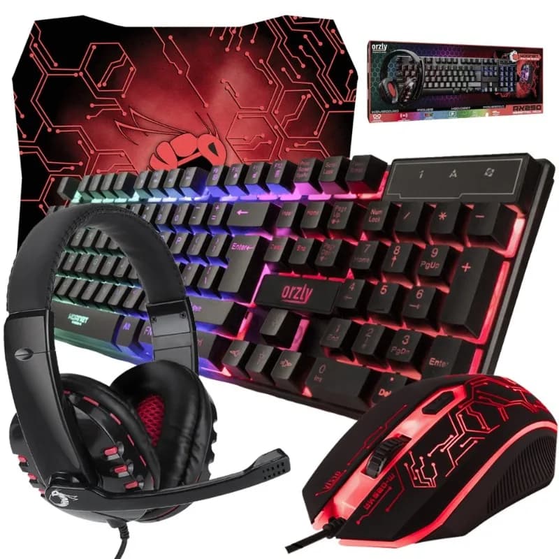 Gaming Keyboard and Mouse with RGB Retro Lighting, Cabled Headphones and Mouse Mat, PC Player Bundle, PS4, Xbox