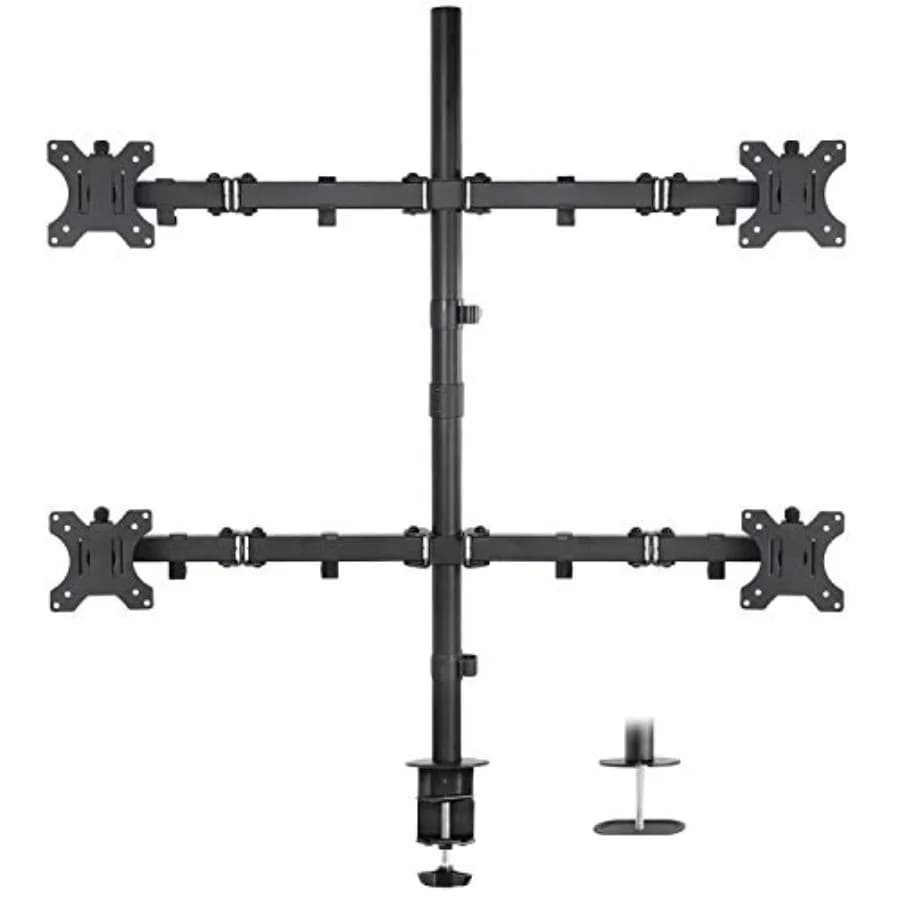 Quad monitor desk stand for office use aluminum alloy black height adjustable pole with tilt/swivel/rotate and clamp/grommet ba