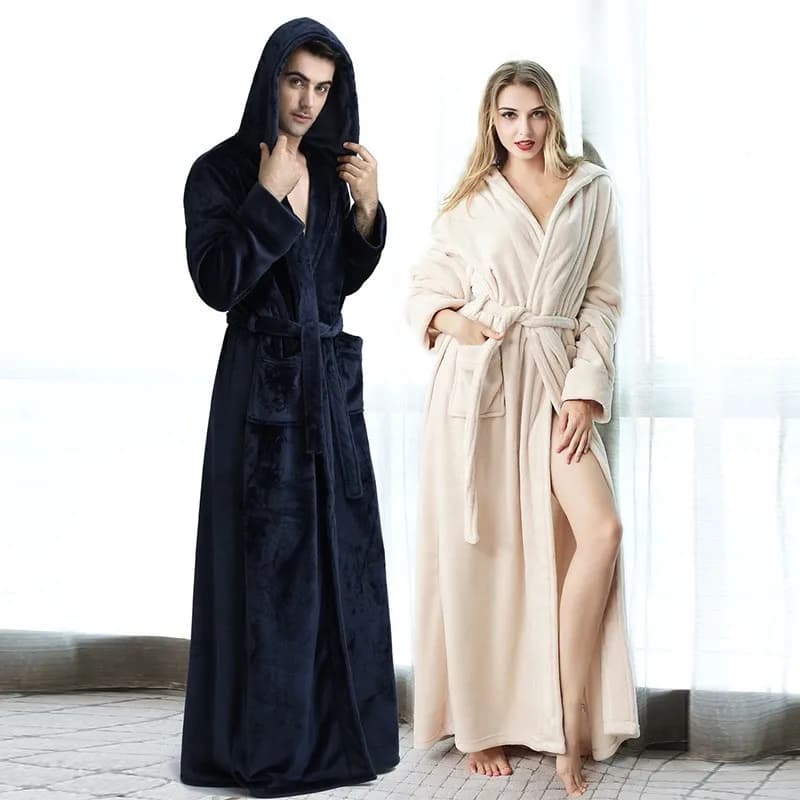 Winter Bathrobe Long Sleeve Warm Flannel Kimono Robes Women Shower Robe Hooded Nightwear Couple Coral Fleece Dressing Gown