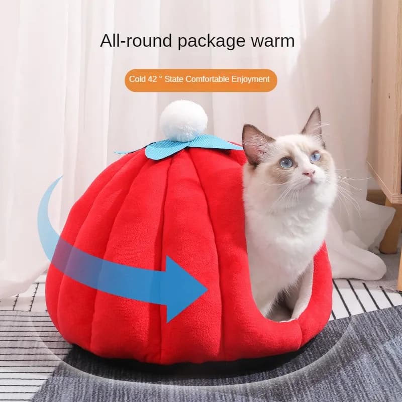 Casetta per gatti per tutte le stagioni, calda invernale, completamente chiusa, per cani di peluche, zucca, casa per animali domestici, forniture per gatti