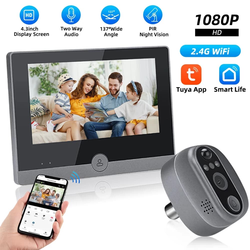 Telecamera spioncino LCD da 4.3 pollici 137 ° grandangolare Smart PIR registrazione spioncino campanello per visione notturna campanello per porte