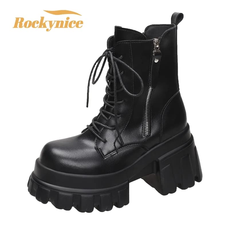 Women High Platform Ankle Boots 2026 Winter Thick Sole Motorcycle Boots 9.5CM Heels Chunky Metal Short Leather Sneakers Woman