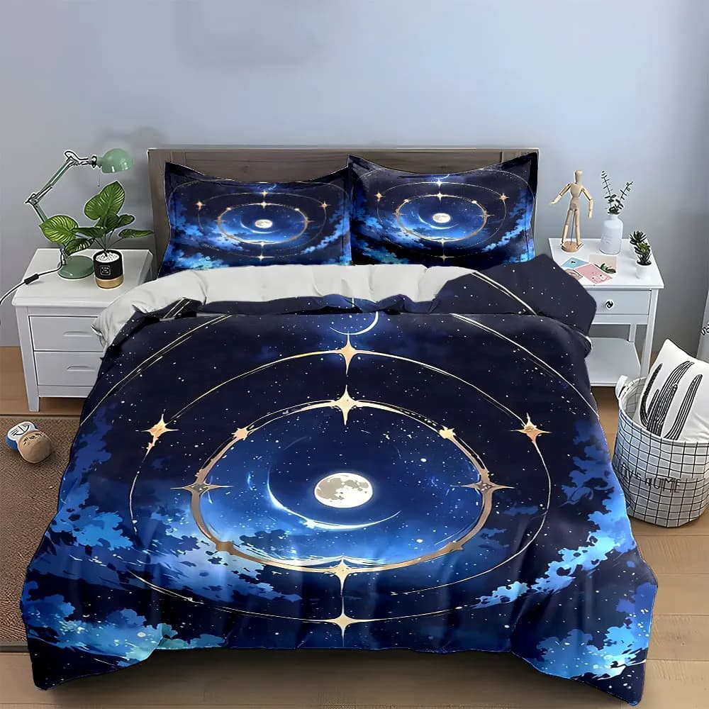 Set di biancheria da letto Moon Starry Night Decor con 1 copripiumino e 2 federe, singolo, matrimoniale, king, queen, regalo