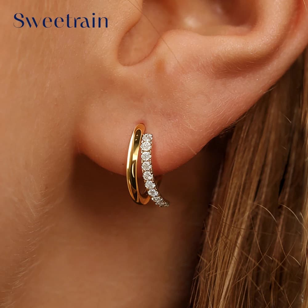 Orecchini a Cerchio Sweetrain in Moissanite, Argento Sterling S925 Placcato Oro 18K, Orecchini a Doppio Cerchio Ipoallergenici per Donne