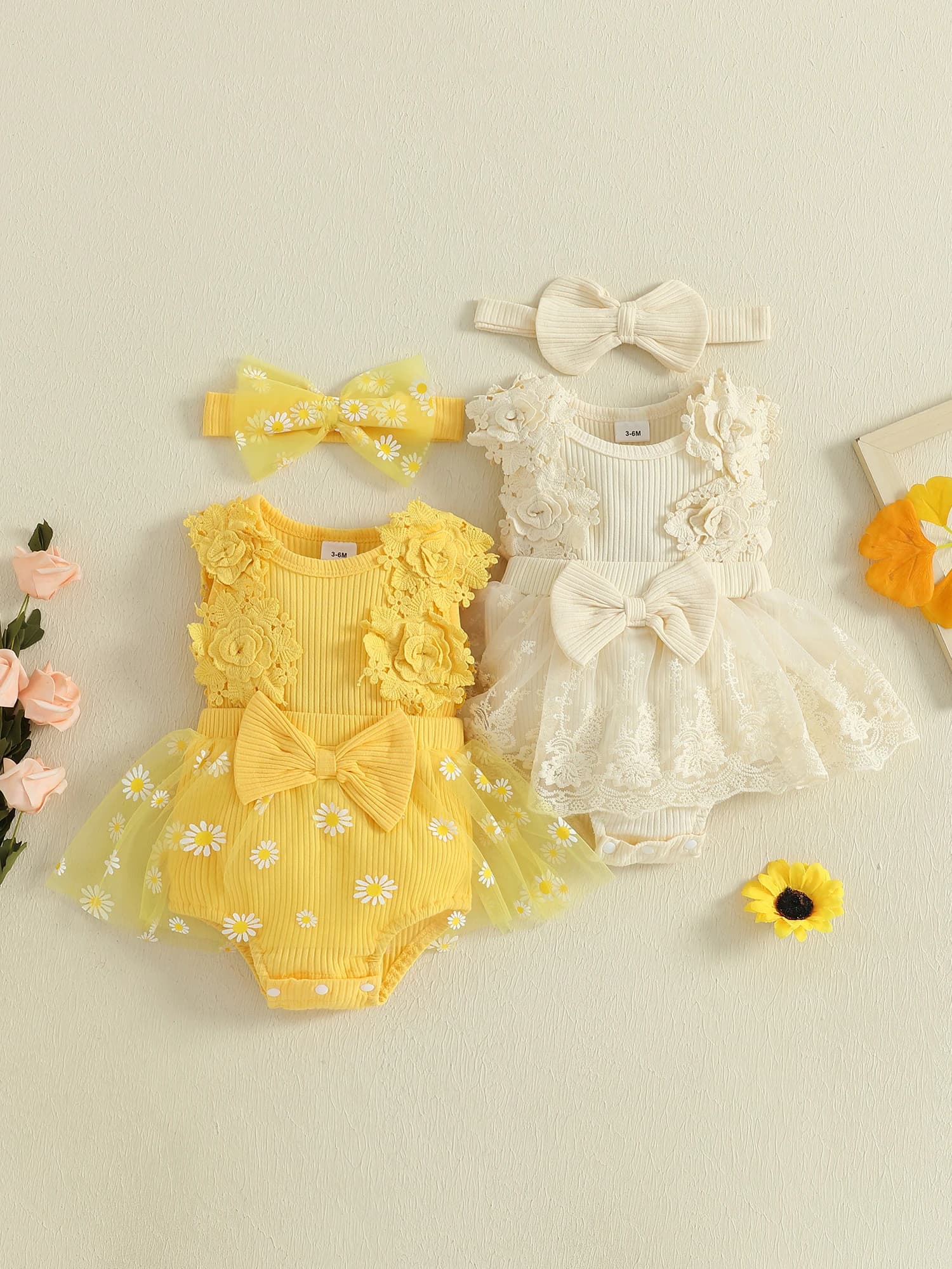 Abito pagliaccetto senza maniche con volant per bambina con fascia abbinata, set di tute con ricami floreali carini per l'estate