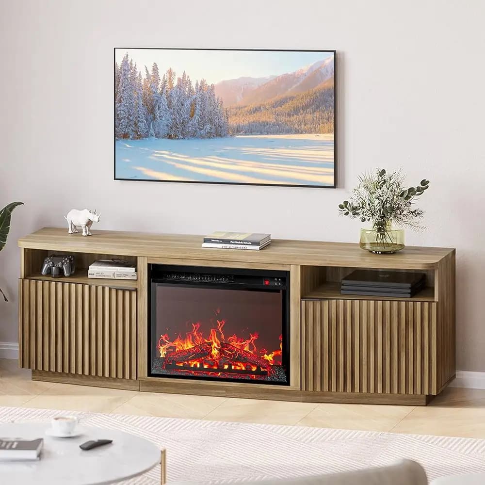 Mobile TV con Camino Elettrico e Audio, Centro Intrattenimento da 68 Pollici per TV fino a 75 Pollici, Console Multimediale con Gestione Cavi per Soggiorno