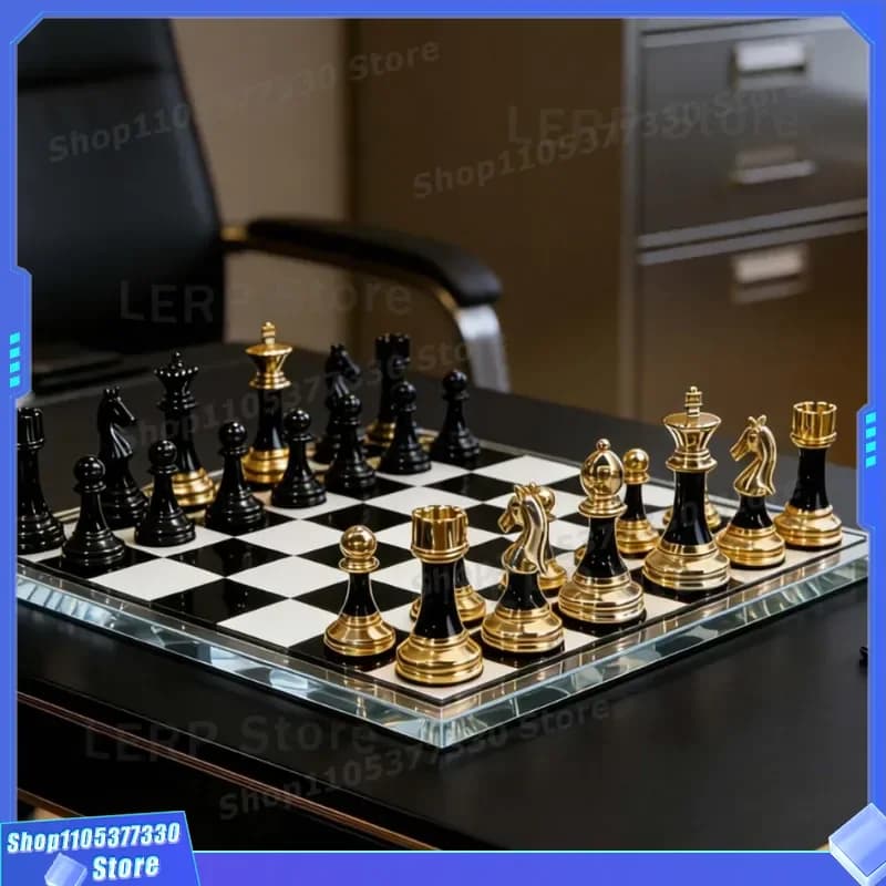Luxury Black Gold Metal Chess Set High End Office Desktop Ornament Business Gift for Study Living Room Decoration Premium