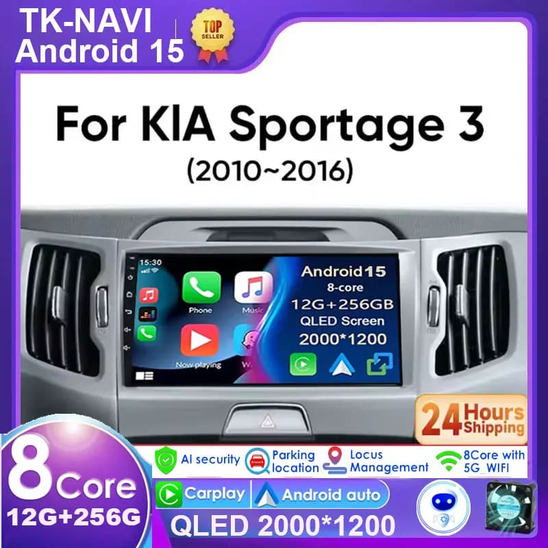 Android 15 Carplay Auto per Kia Sportage 3 SL 2010-2016 Radio Stereo Navigazione GPS WiFi 4G Lettore video multimediale BT DSP