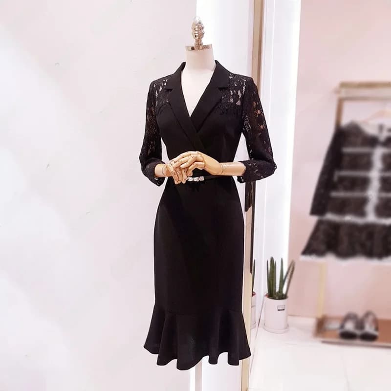 Elegant Lace Dress Women's Fashion Slim Fit Mermaid Tail Suit Collar Mid-Length Skirt Korean Style Commute High Waist