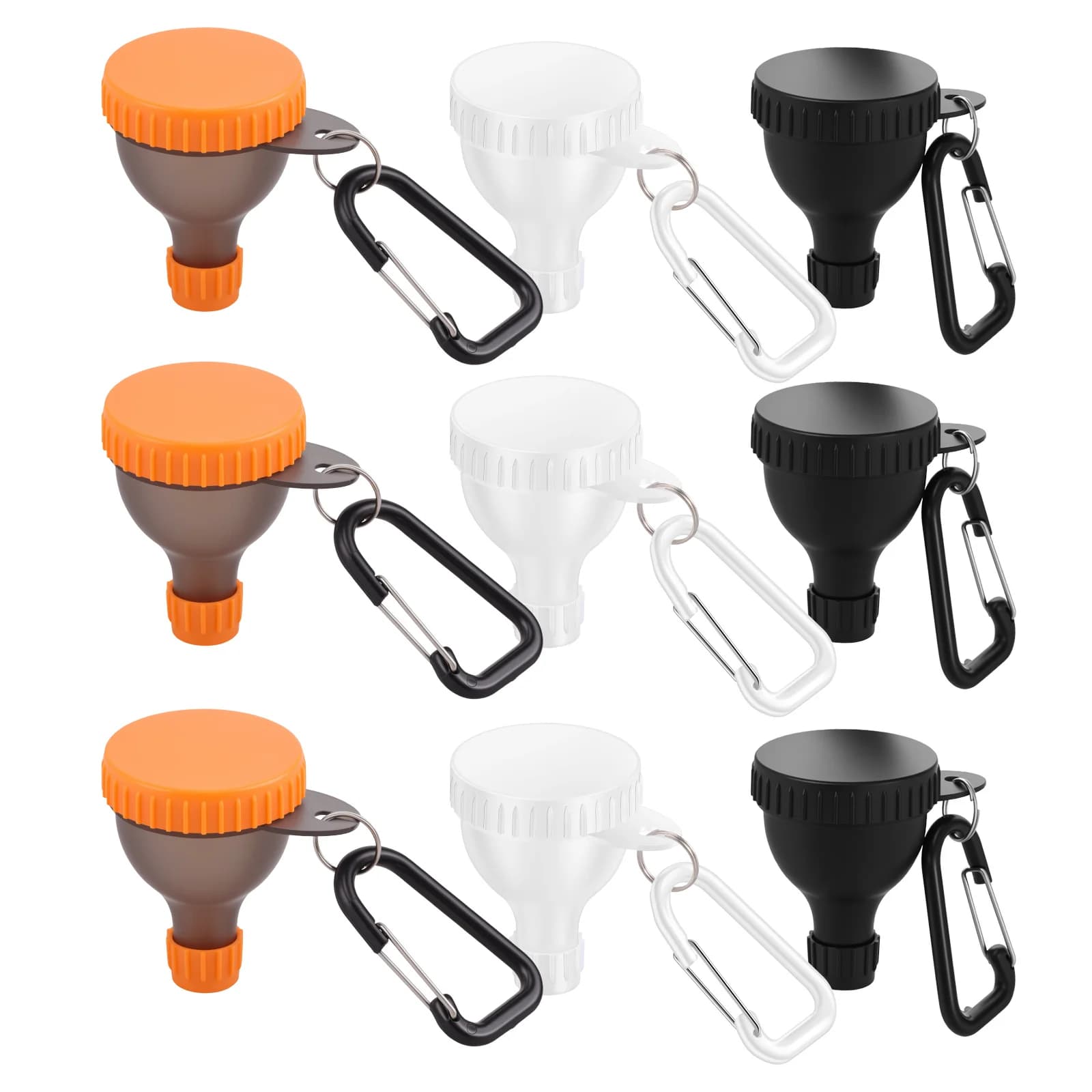 Set of 9 funnels for 50 ml powdered protein, mini portable carabiner for powdered protein bottles and reinforced cap for fitness training on the road