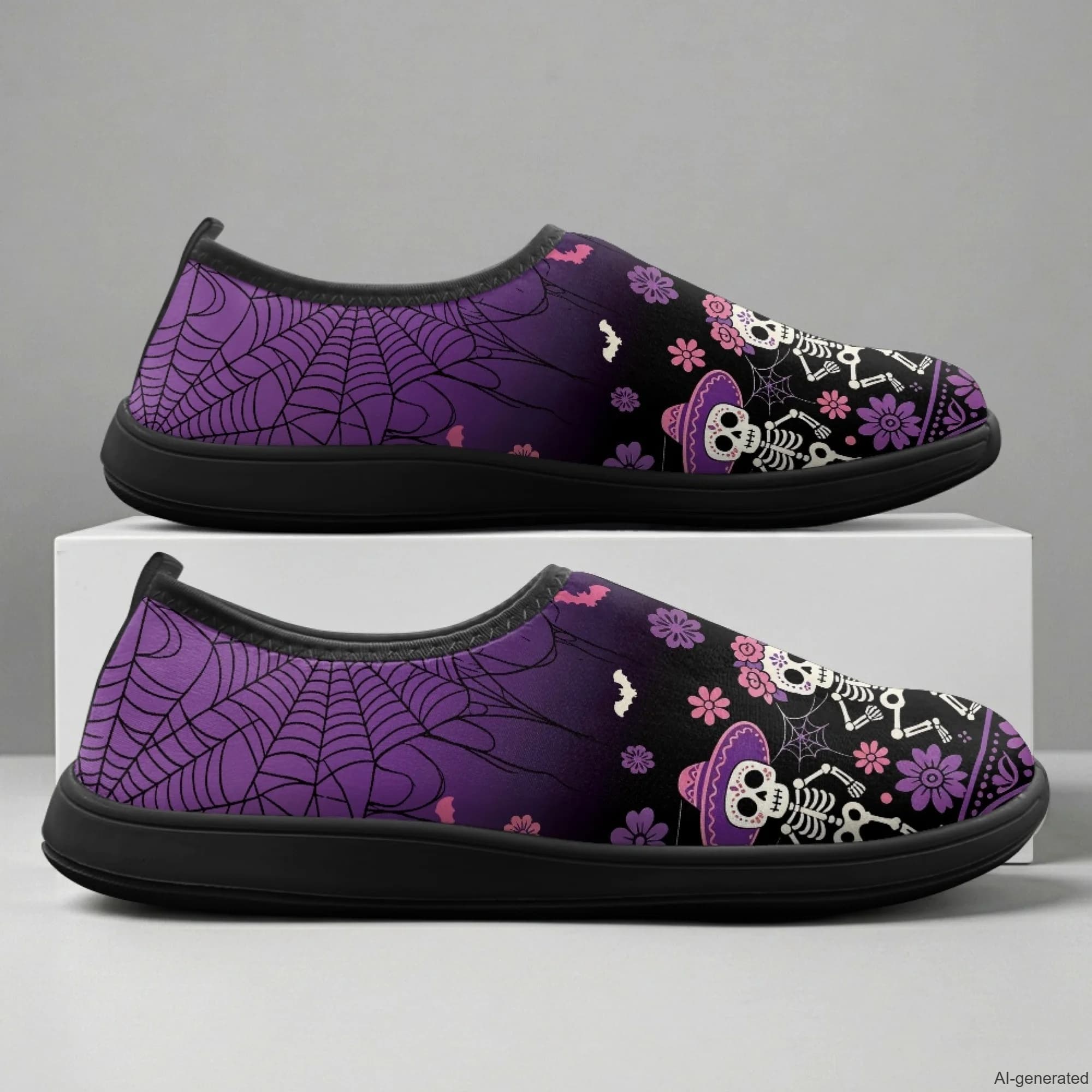 XIXIRIMIDO Black Sneakers Slip-on Wide-toed Shoes Female Sneakers Nursing Sneakers for Woman House Shoes Halloween Skull 36-46