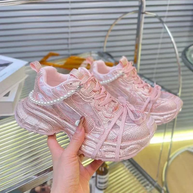 Top Quality Sneakers Women Skate Shoes Lace Mesh Rhinestone Women Loafers Platform Shiny Women's Casual Shoes Crystal