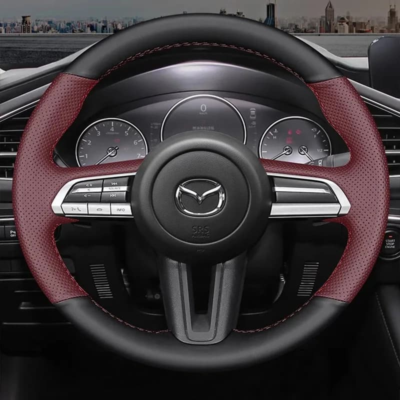 Coprivolante per auto in vera pelle antiscivolo cucito a mano vino rosso nero per Mazda CX-30 CX30 2020-2023 Mazda 3 Axela 2021