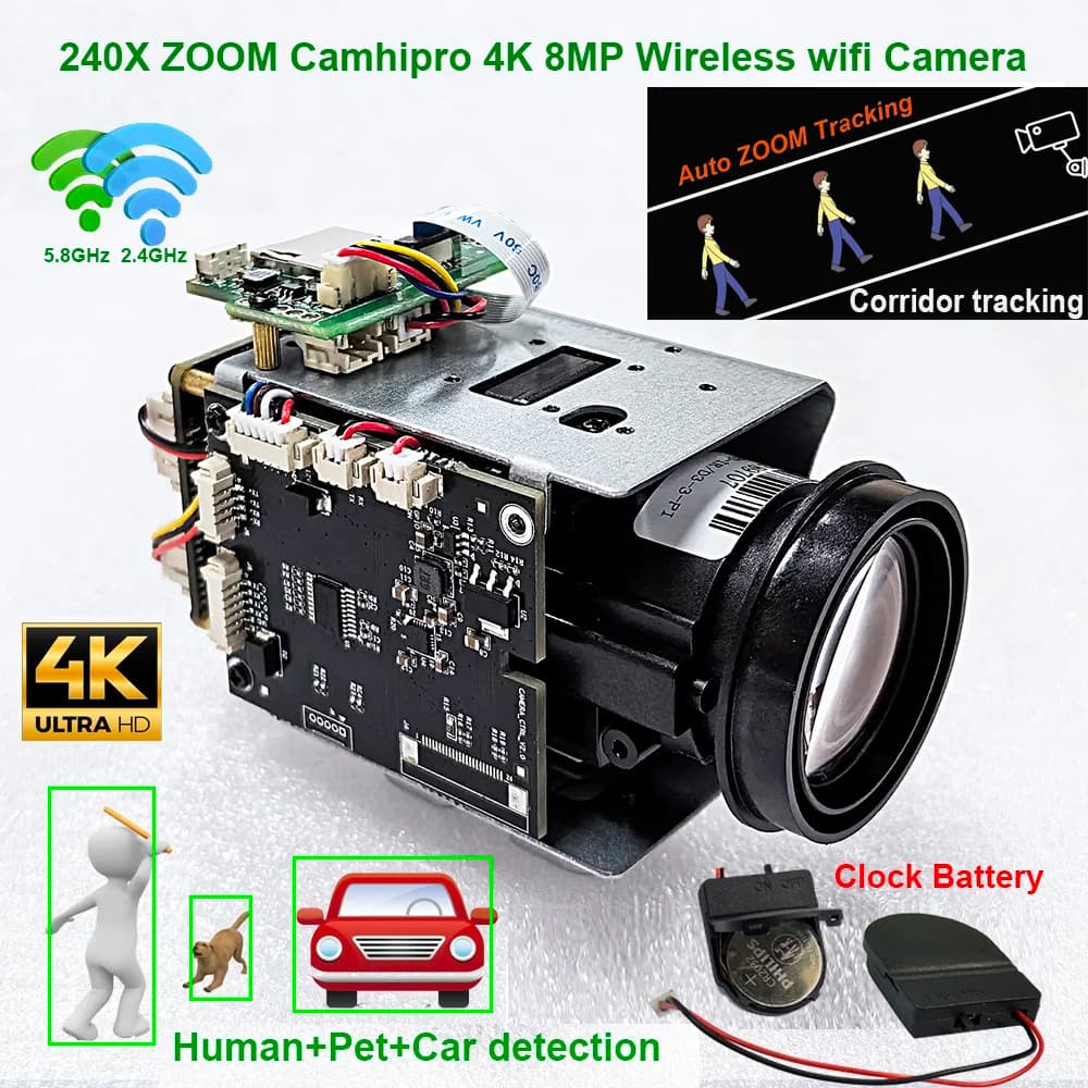 Telecamera IP wireless CamhiPro 4K 8MP con zoom 240X, Wi-Fi, auto IRIS, P2P, ONVIF, IMX415, WIFI, SD 256GB.