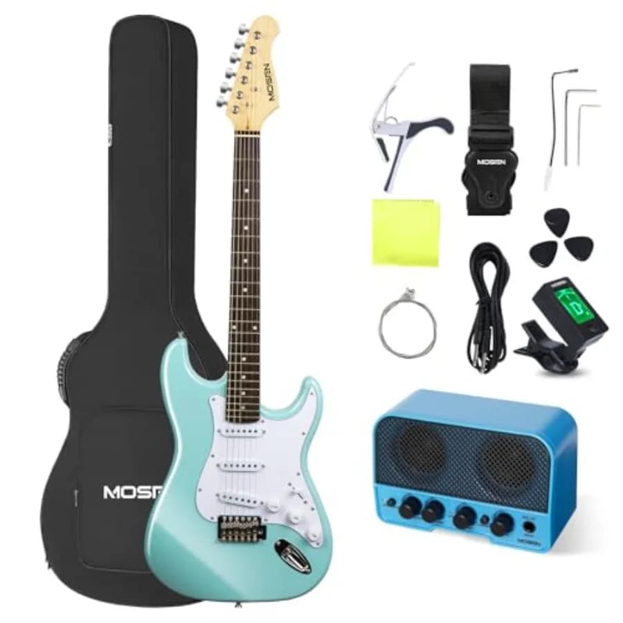 Kit Chitarra Elettrica Blu 39 Pollici per Principianti con Amplificatore, Pickup SSS, Borsa Gig, Accordatore, Capotasto, Cavo, Tremolo Bar