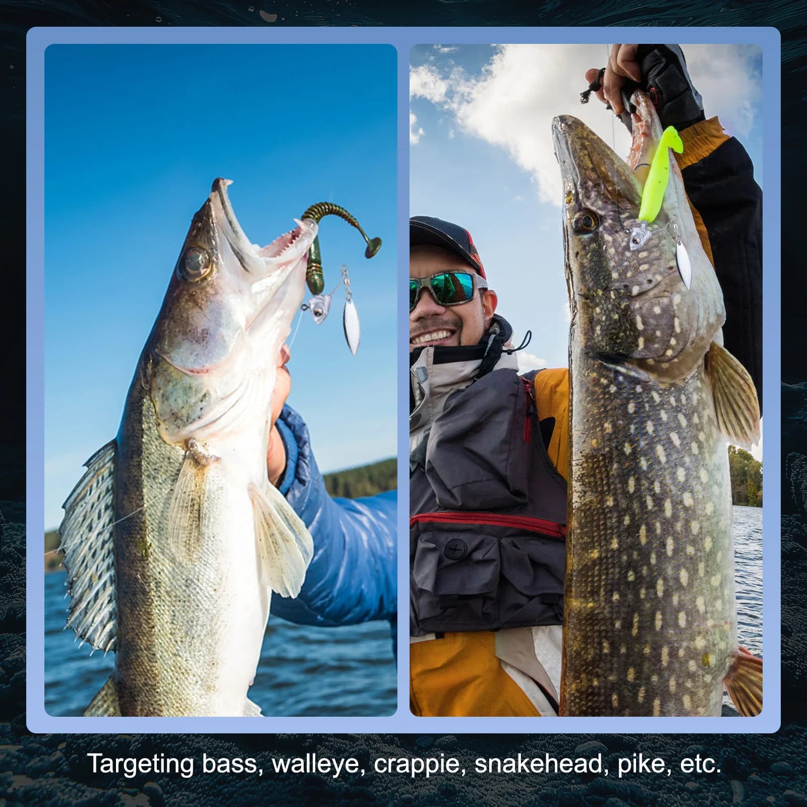 Set di 15 Teste Jig Underspin Goture, con Occhi 3D, Porta Esche, Lama Willow, per la Pesca di Bass, Walleye in Acqua Dolce e Salata