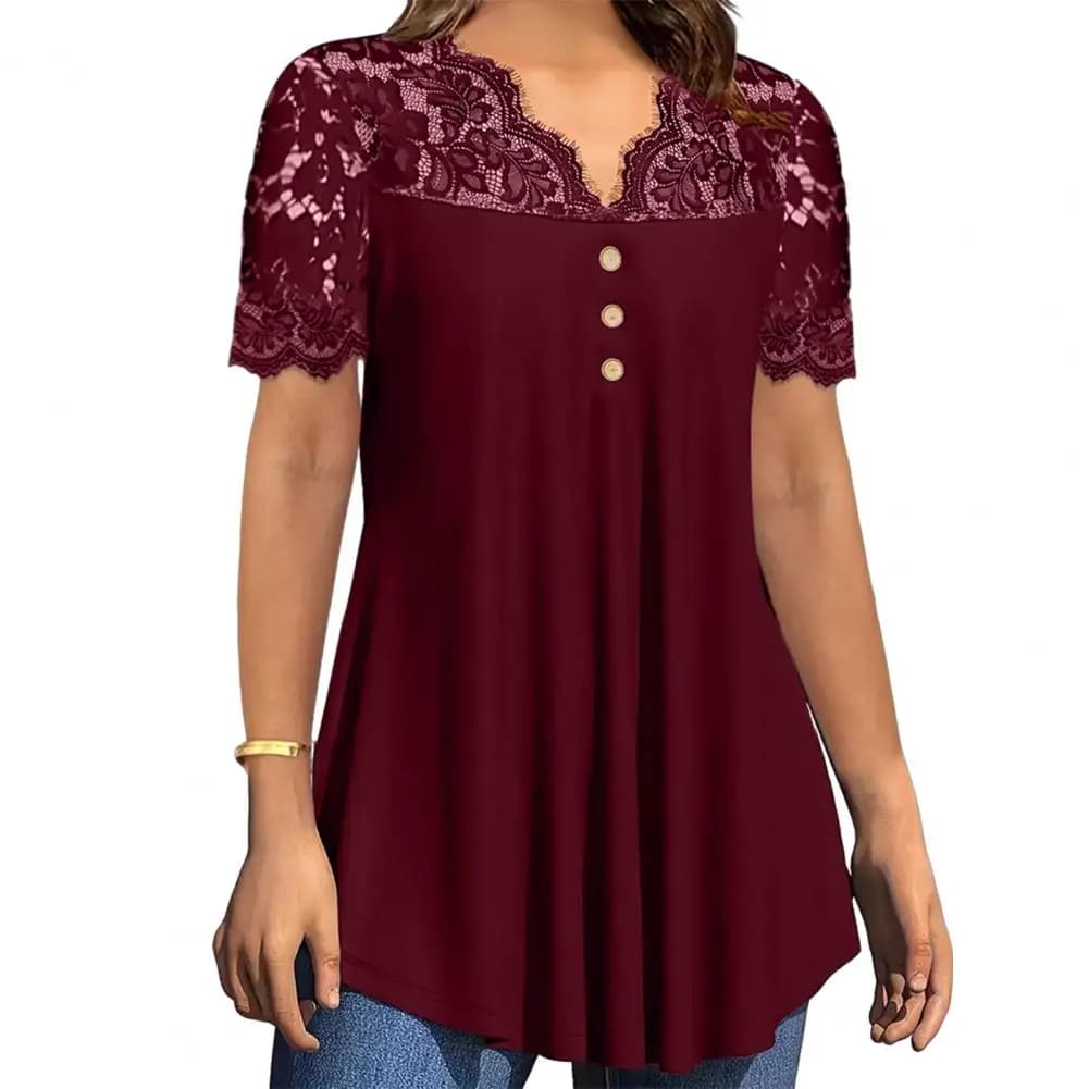 Women Tops Women’s V Neckline Lace Splicing Top Short Sleeve Pullover Blouse Loose Hem Anti-wrinkle Shirt for Summer Female