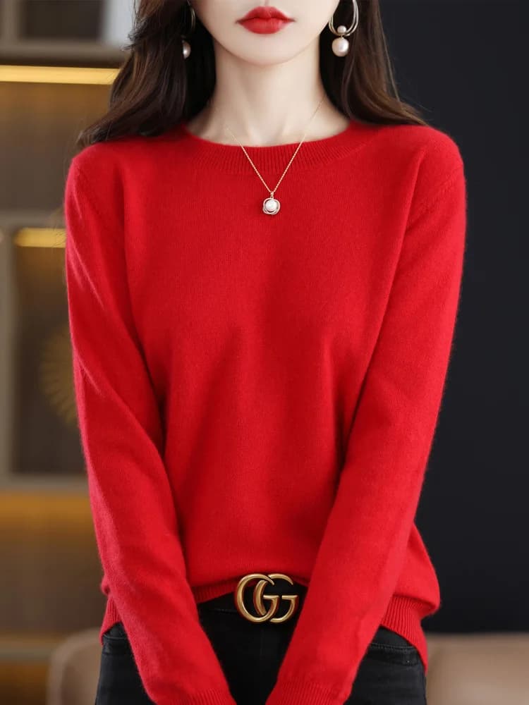 Fashion 100% Merino Wool Sweater Elegant Cashmere Pullover Women O-Neck Long Sleeve Knitwear Basic Clothing Jumper Tops