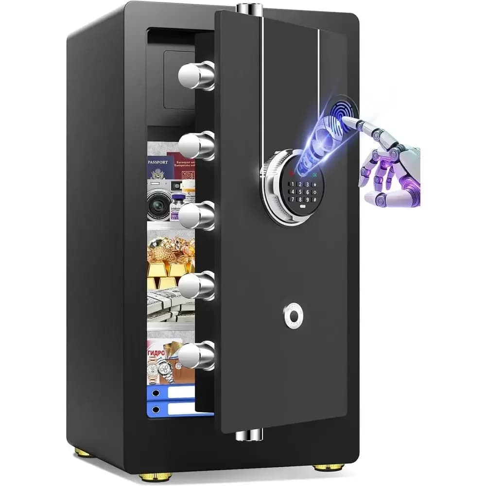 Cassaforte Biometrica per Casa e Ufficio, Cassetta di Sicurezza Grande e Robusta con Impronta Digitale e Tastierino, Cassaforte per Documenti con Scomparto Nascosto