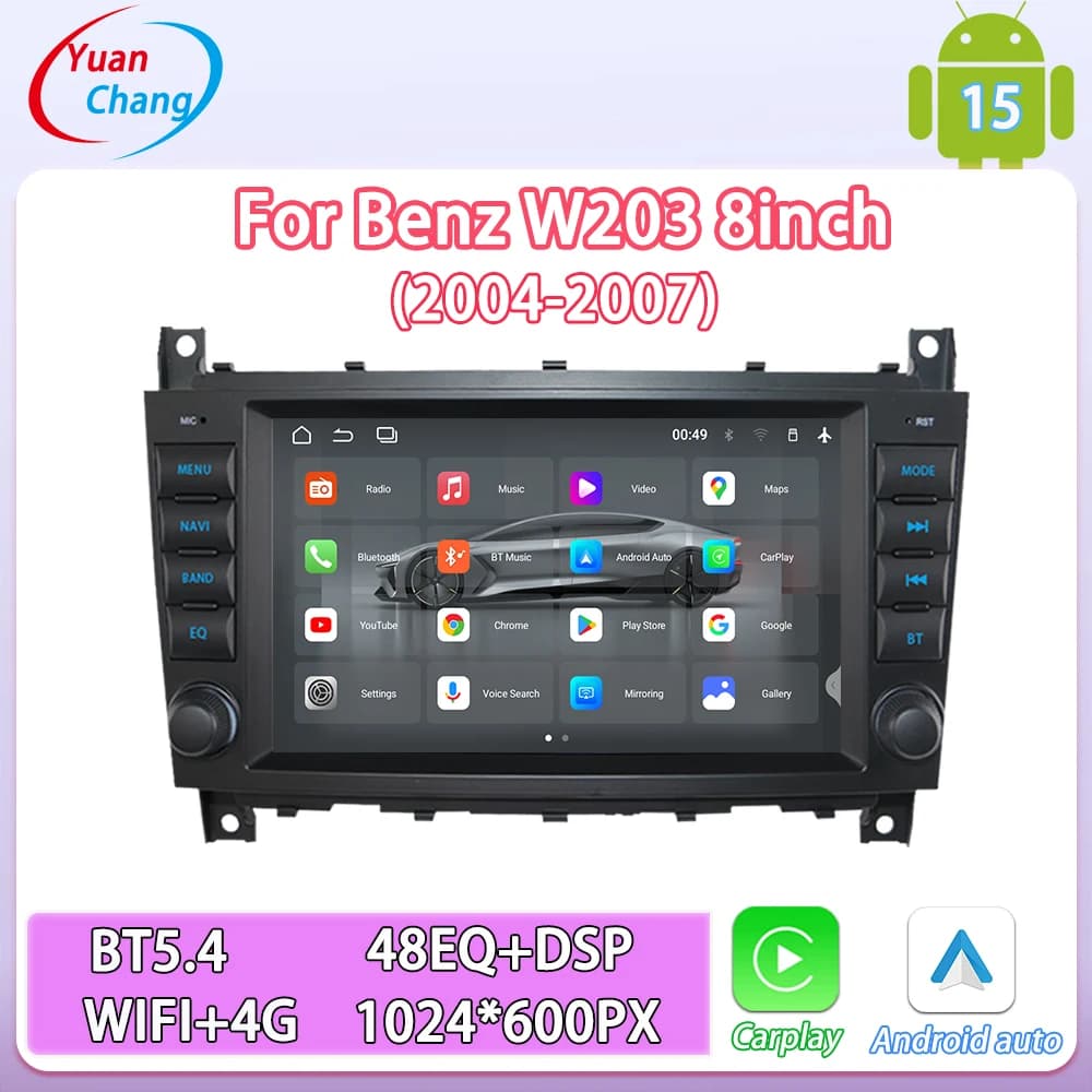 For Benz W203 (2004-2007) 8'' Car Multimedia Player Android15 Wireless CarPlay Android Auto BT GPS WIFI 4G Car Radio DSP MUSIC