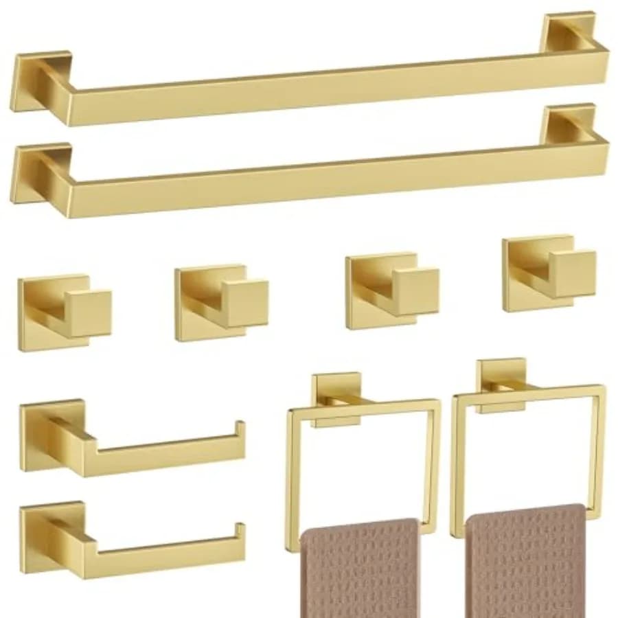 Set di Accessori per Bagno in Acciaio Inox Dorato Spazzolato, 10 Pezzi, Portasciugamani e Porta Asciugamani in Oro