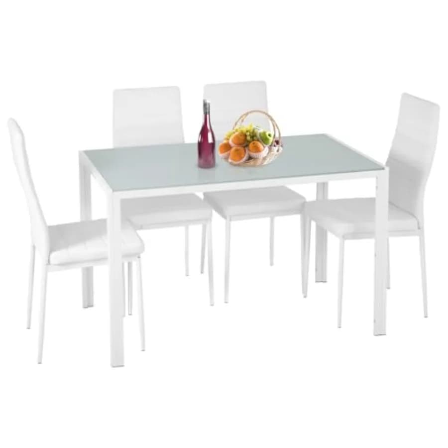 5-piece dining set with kitchen table in white glass and 4 padded chairs with cushions in eco-leather M space saving