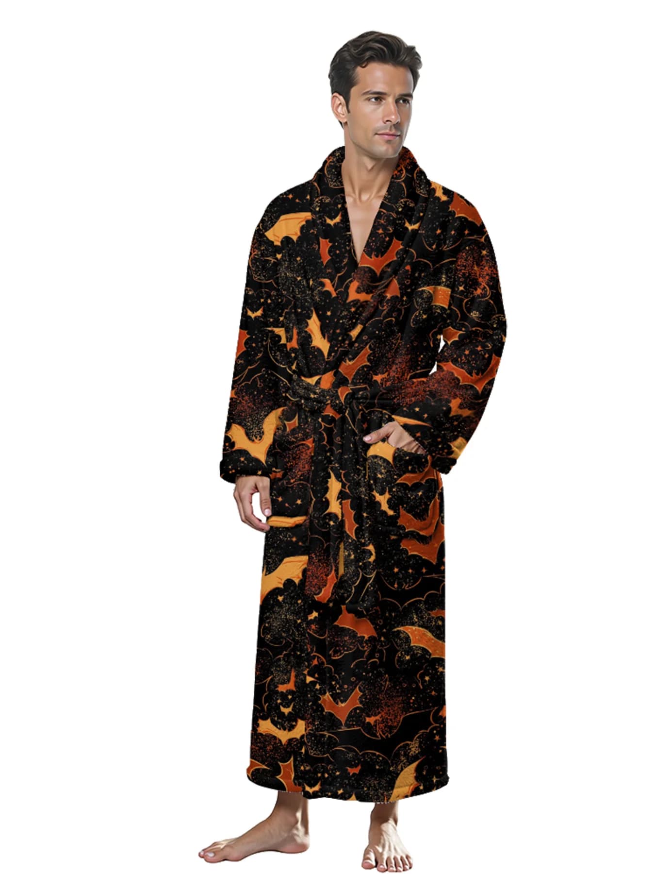 Pillar skull Print fire Vestaglie Bathrobe Long Collection to Orange Brown Shawls Nightwear Waist pockets with belt Comfortable gothic pajamas for home