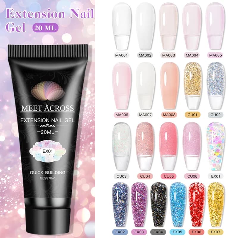 MEET ACROSS 20ml Smalto per unghie gel a estensione rapida Trasparente scintillante Nail Art Semi permanente UV Builder Gel Smalto per unghie Forniture