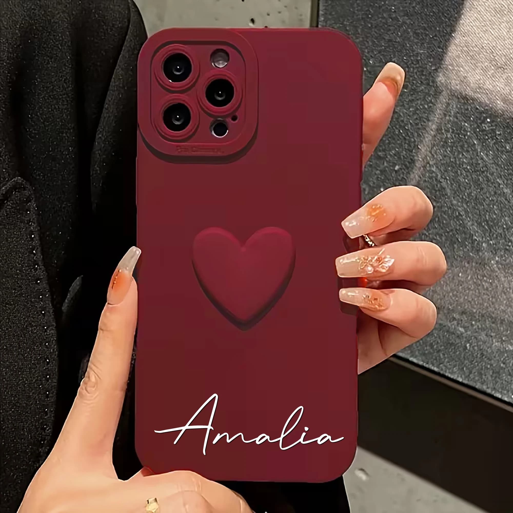 Custodia per telefono personalizzata con cuore rosso 3D stereo e lettere nome personalizzabili, stampa a caldo, compatibile con iPhone 17 16 15 14 13 Pro Max Air