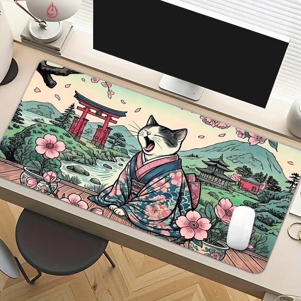 Splendido tappetino per mouse con motivo gatto kimono, tappetino da scrivania antiscivolo, tappetino per mouse da ufficio con bordo cucito, accessori per PC, tappetini da gioco