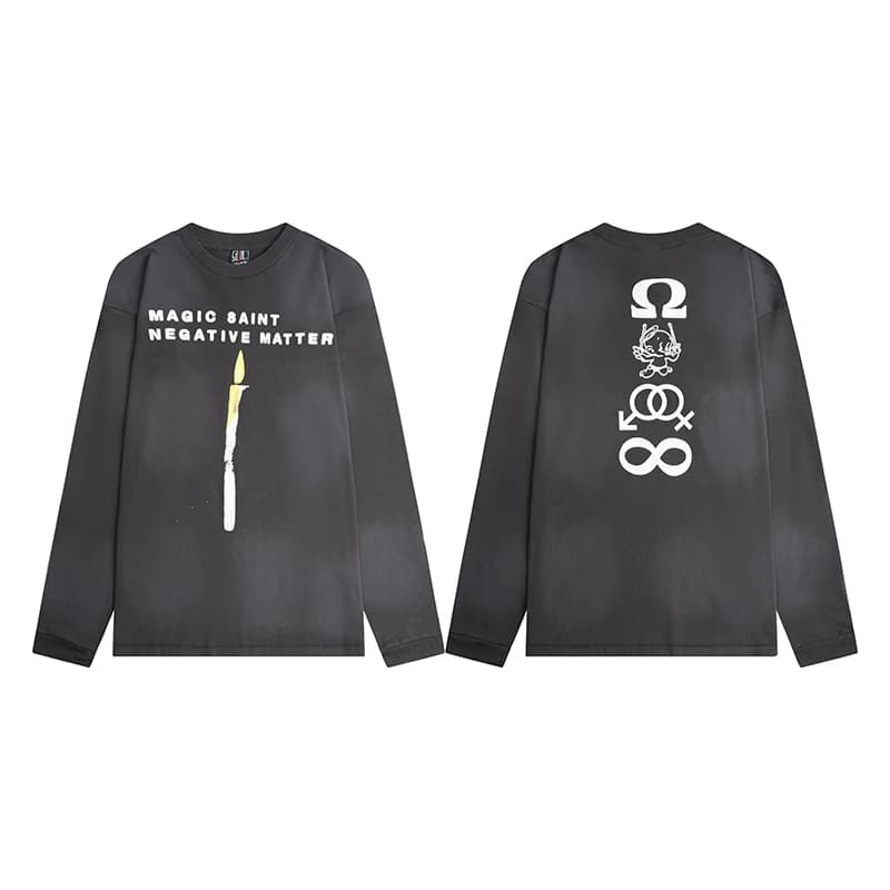 Saint Candle Graphic Long Sleeve Shirt Men Women Vintage Washed Front Back Symbol Print Oversized Tee Gothic Retro Streetwear