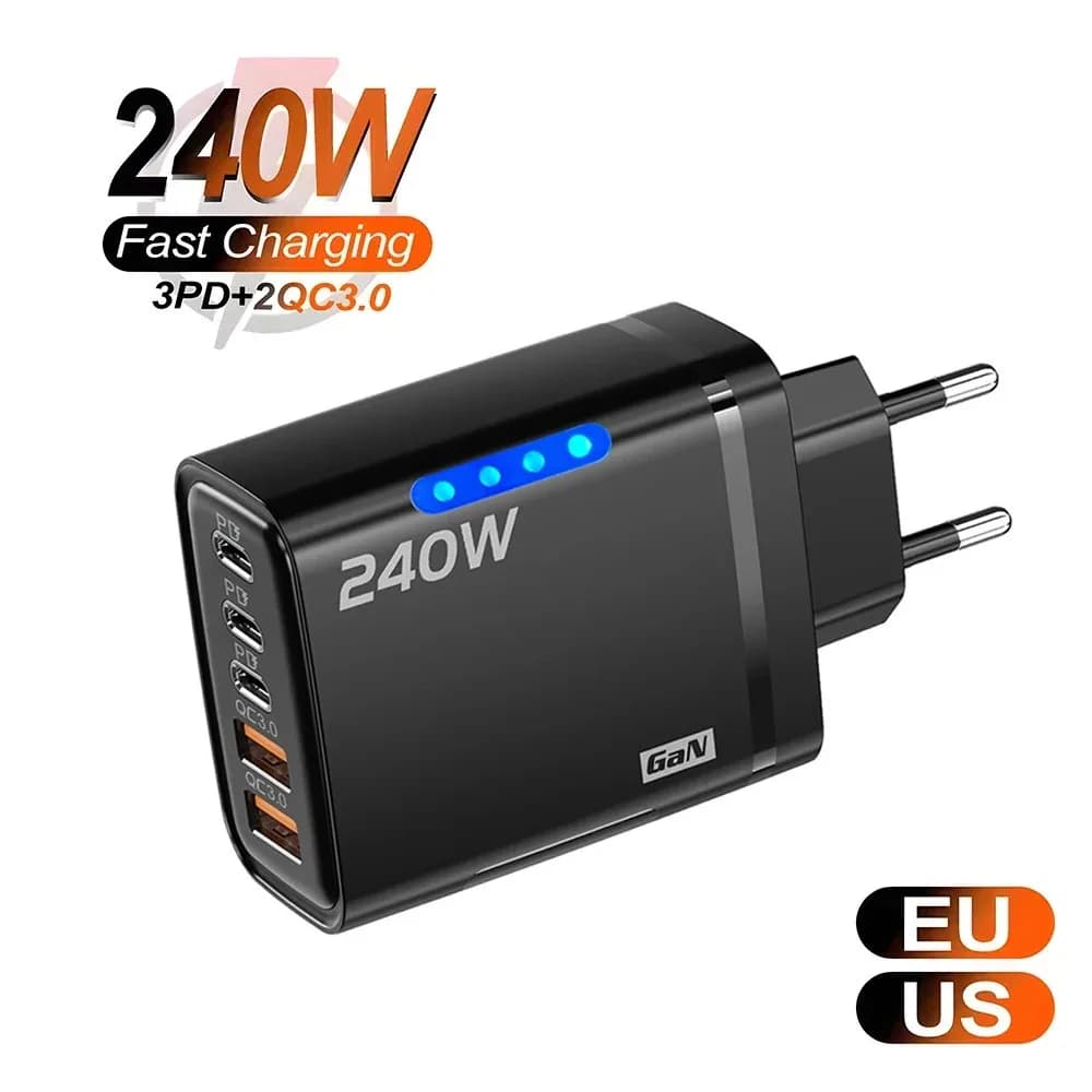 Caricatore GaN 5 in 1 da 240W con ricarica rapida PD, adattatore di alimentazione per iPhone, Samsung, Xiaomi, USB C, con spina EU/US/UK.