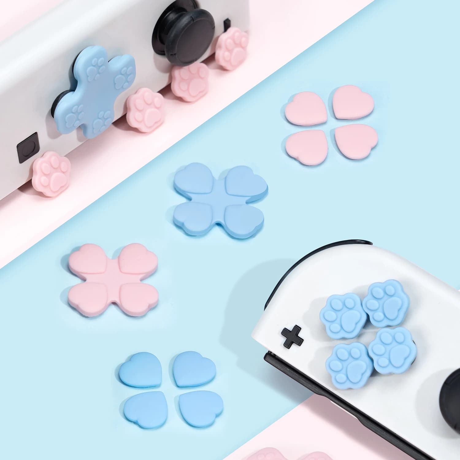 GeekShare Set di cappucci per pulsanti D-Pad incrociati in silicone compatibili con Nintendo Switch/Coperchio per joystick con zampa di gatto a forma di cuore OLED Joy-Con