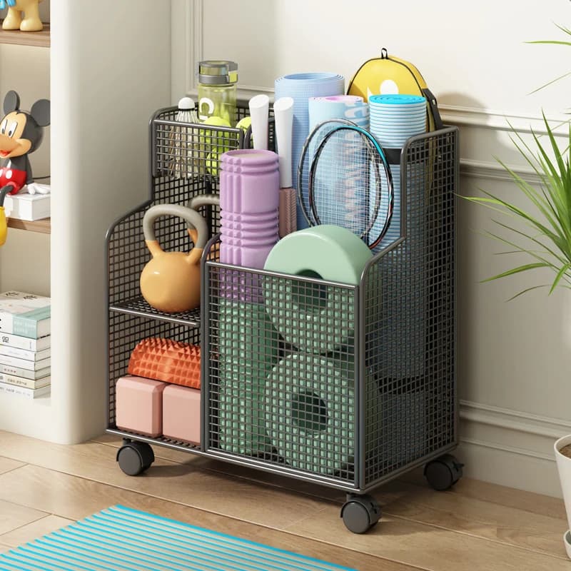 Large storage basket for yoga mats, sports equipment with wheels, badminton fly organizer, home gym accessory