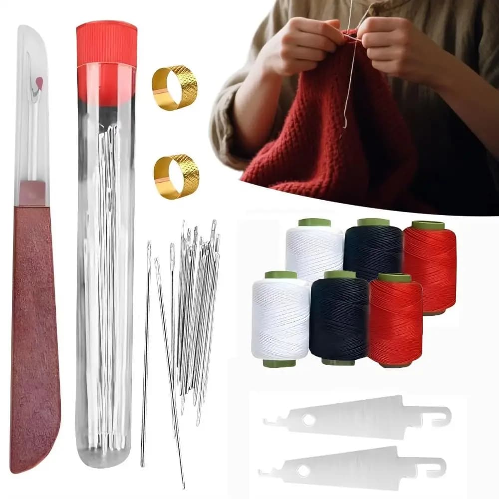 Kit di aghi per cucire in acciaio inossidabile da 37 pezzi Set di strumenti per cucire con infila aghi in acciaio a occhiello grande portatile