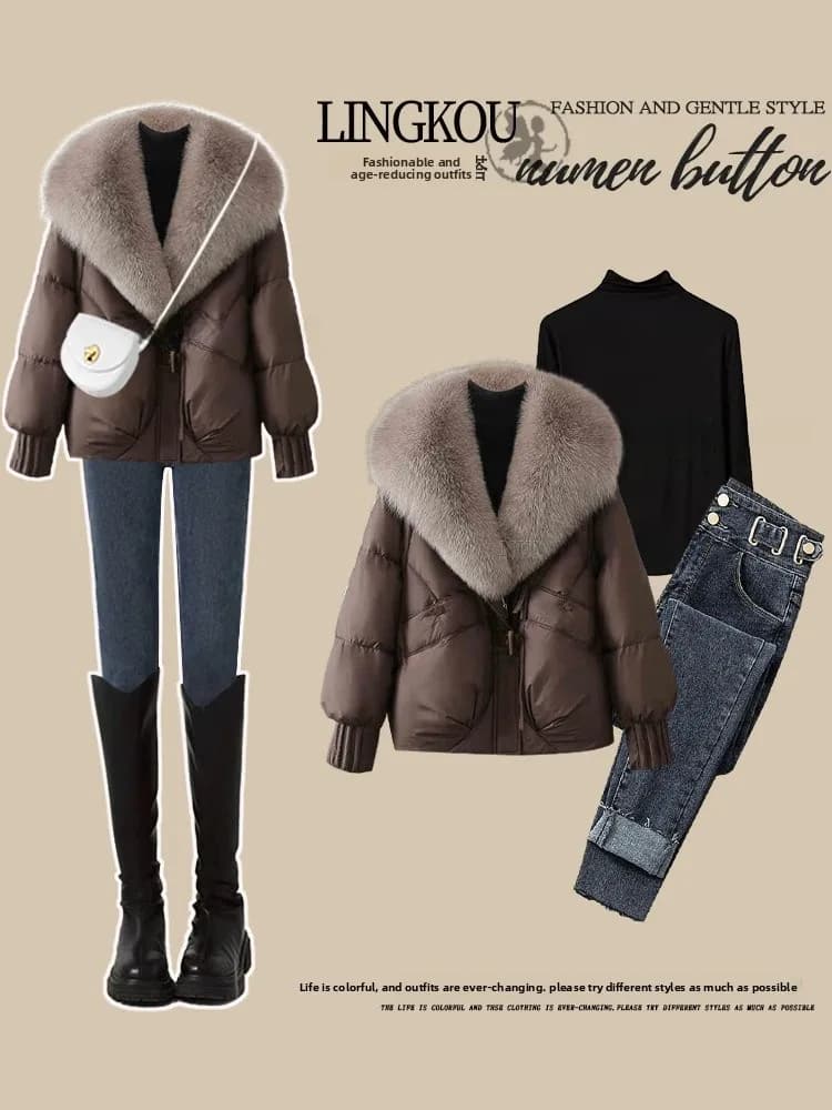 Set Invernale Professionale in Cotone Taglie Grandi: Cappotto, Maglia Base e Jeans Slim a Vita Alta - Completo Tre Pezzi Stile Lusso Casual