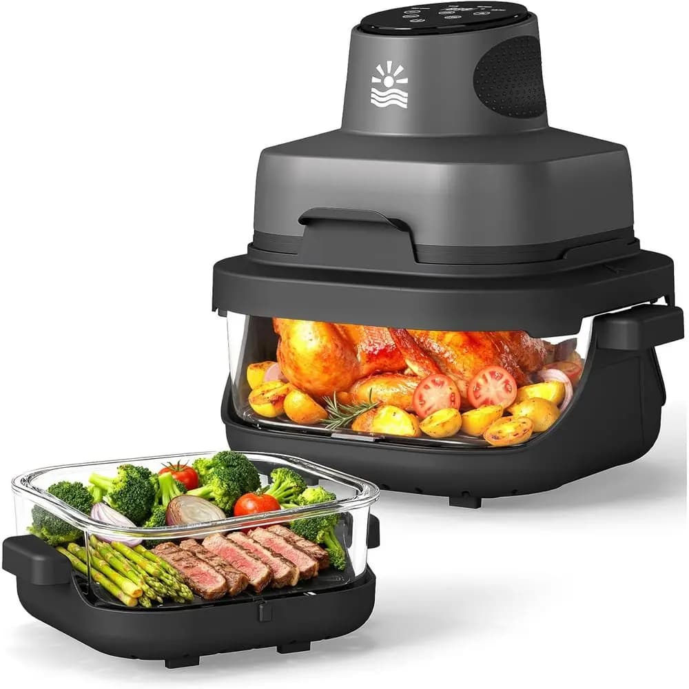 Friggitrice ad Aria Portatile in Vetro - 1500W, 4.2 QT e Contenitori Doppi da 6 Tazze, 4-in-1, Timer 60 Minuti, 140°C ° -400 ° Regolabile, adatto per microonde