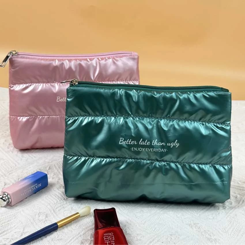 Nuova soffice borsa per accessori di bellezza in nylon Borsa per organizer per trucco cosmetico imbottita gonfia Custodia da viaggio impermeabile con cerniera