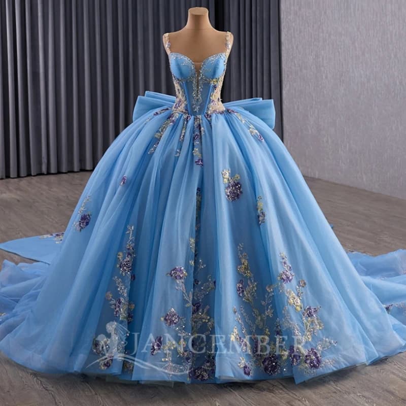 Abito da ballo azzurro Abiti Quinceanera con spalle scoperte Applique con paillettes Perline di pizzo Fiocco Tull Festa di compleanno Dolce 16 Abito gilet